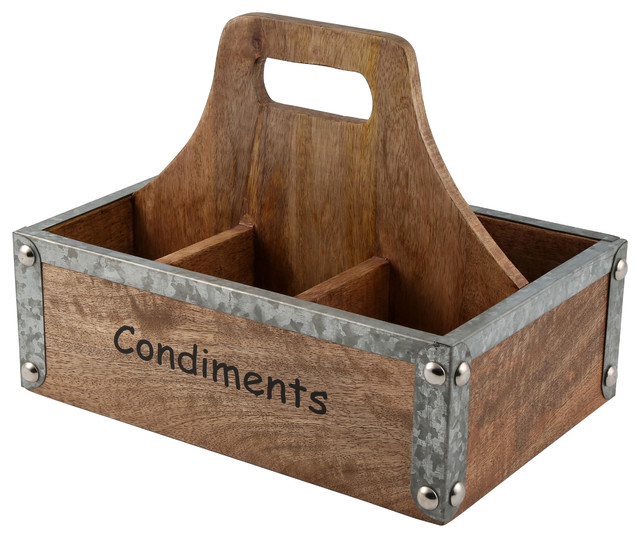 6, Section Mango Wood Condiment Caddy With Galvanized Iron 
