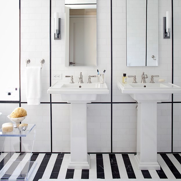 Inspiration for a mid-sized contemporary master bathroom in Louisville with open cabinets, white tile, subway tile, white walls, marble floors and a pedestal sink.