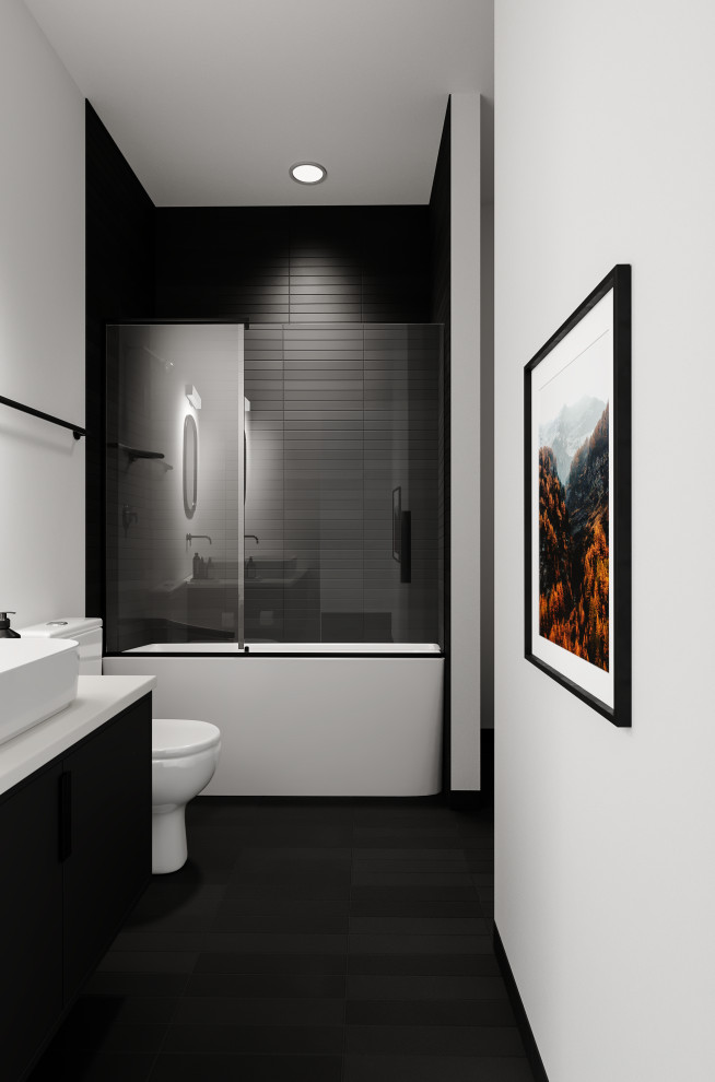 Пример оригинального дизайна: ванная комната в стиле модернизм с плоскими фасадами, черными фасадами, ванной в нише, душем над ванной, унитазом-моноблоком, черной плиткой, керамической плиткой, белыми стенами, полом из керамической плитки, настольной раковиной, столешницей из искусственного кварца, черным полом, душем с распашными дверями, белой столешницей, тумбой под одну раковину, встроенной тумбой и сводчатым потолком