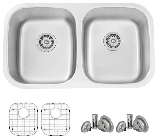 32"L x 19"W Stainless Steel Double Basin Dual mount Kitchen Sink with Grids and