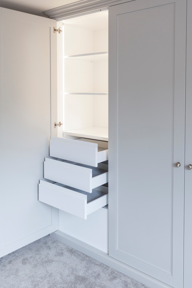 Источник вдохновения для домашнего уюта: встроенный шкаф среднего размера, унисекс в стиле модернизм с фасадами в стиле шейкер, серыми фасадами и ковровым покрытием