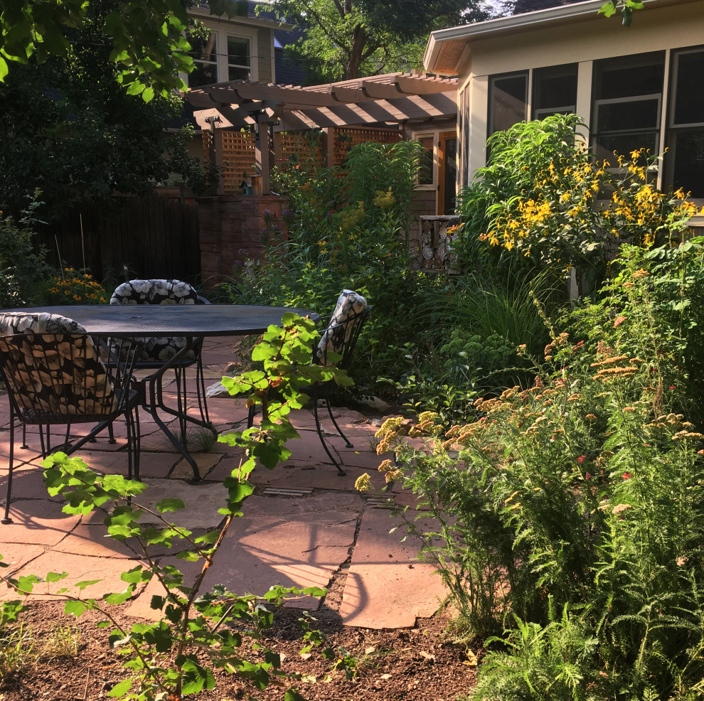 Mittelgroßer Eklektischer Garten hinter dem Haus mit Natursteinplatten in Denver