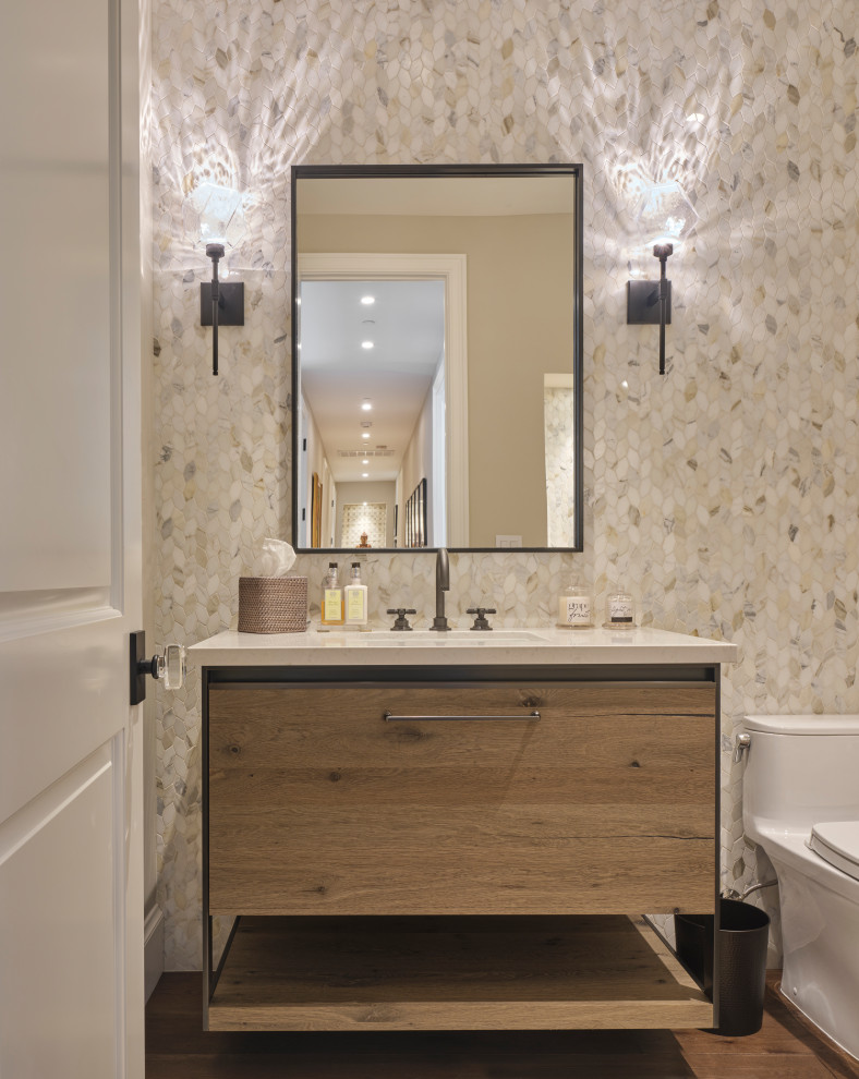 Design ideas for a medium sized farmhouse cloakroom in San Francisco with flat-panel cabinets, light wood cabinets, white tiles, mosaic tiles, multi-coloured walls, medium hardwood flooring, a submerged sink, brown floors, white worktops, a floating vanity unit and engineered stone worktops.