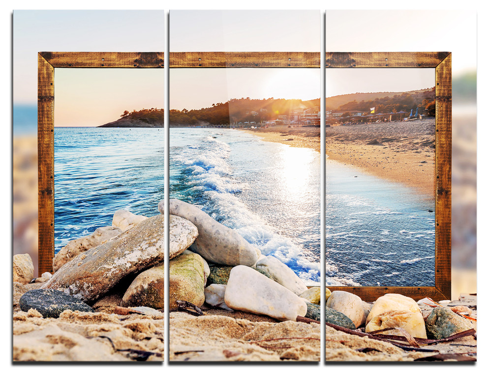 "Framed Rocky Beach" Metal Wall Art, 3 Panels, 36"x28", 36"x28" 3 Panel Beach Style Metal