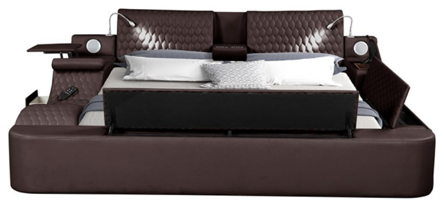 Zoya Smart Multifunctional King Size Bed Made With Wood In Brown Transitional Platform Beds 