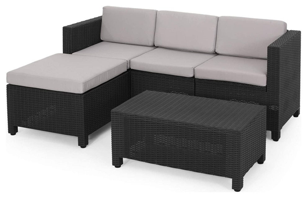 2 Pieces Patio Set, Cushioned Sectional Sofa and Wicker Table, Dark