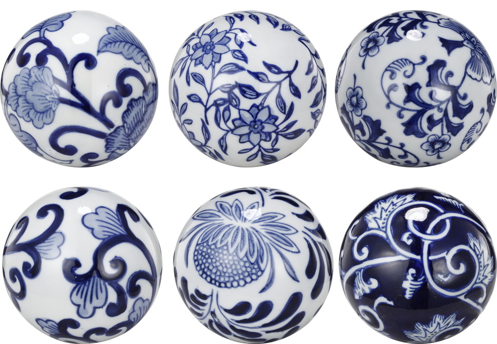 3" Porcelain Blue White Decorative Orbs Set of 6