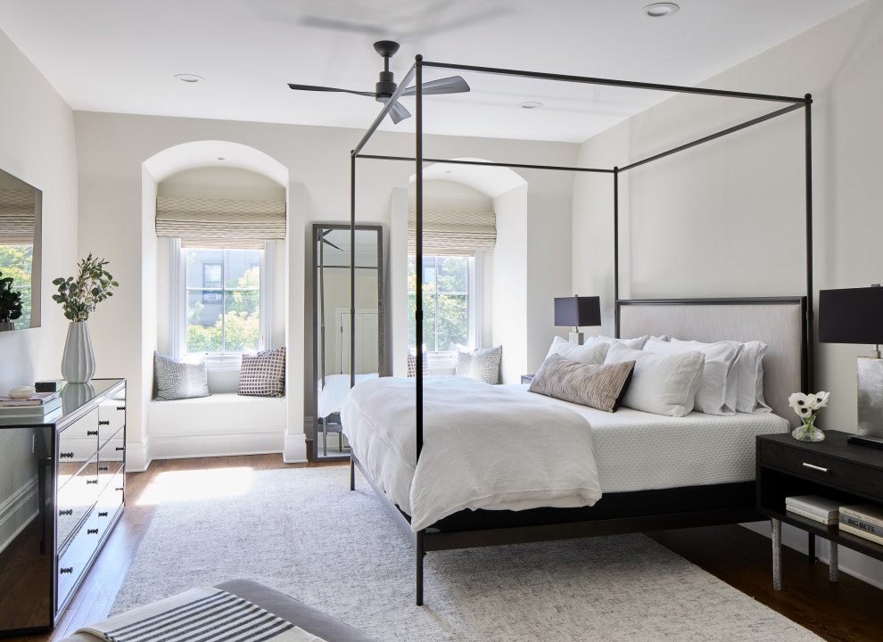 Inspiration for a transitional master dark wood floor bedroom remodel in New York with gray walls