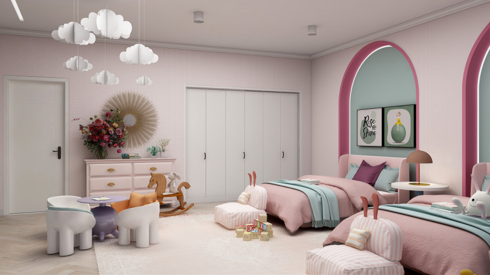 На фото: большая детская в стиле модернизм с спальным местом, розовыми стенами, светлым паркетным полом, бежевым полом, многоуровневым потолком и обоями на стенах для ребенка от 4 до 10 лет, девочки с