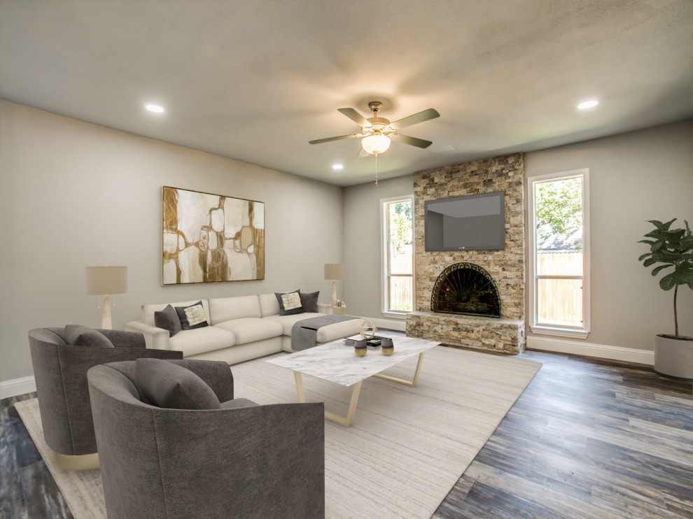 This is an example of a mid-sized formal enclosed living room in Dallas with grey walls, cork floors, a standard fireplace, a brick fireplace surround, grey floor, coffered and planked wall panelling.