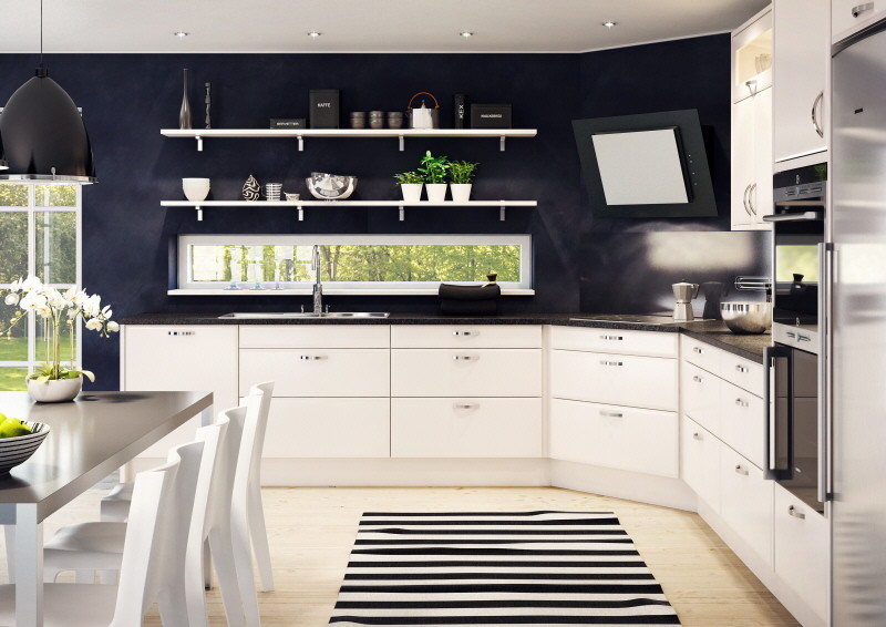 Mittelgroße Wohnküche in L-Form mit integriertem Waschbecken, flächenbündigen Schrankfronten, weißen Schränken, Küchengeräten aus Edelstahl und hellem Holzboden in Göteborg