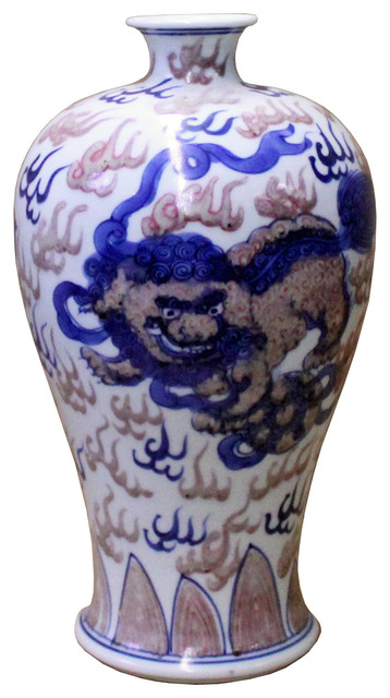 Vintage Yellow & Blue Crackle Finish Porcelain Round Cover Urn with Foo Dog 