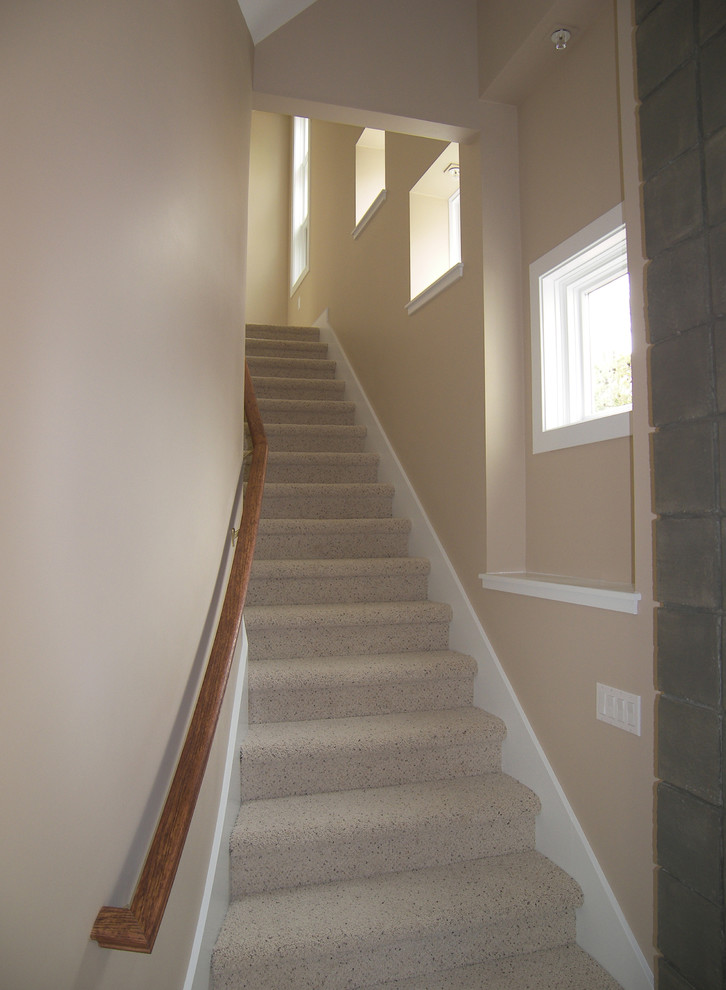 Inspiration for a modern carpeted curved carpeted staircase remodel with beige walls and carpeted risers