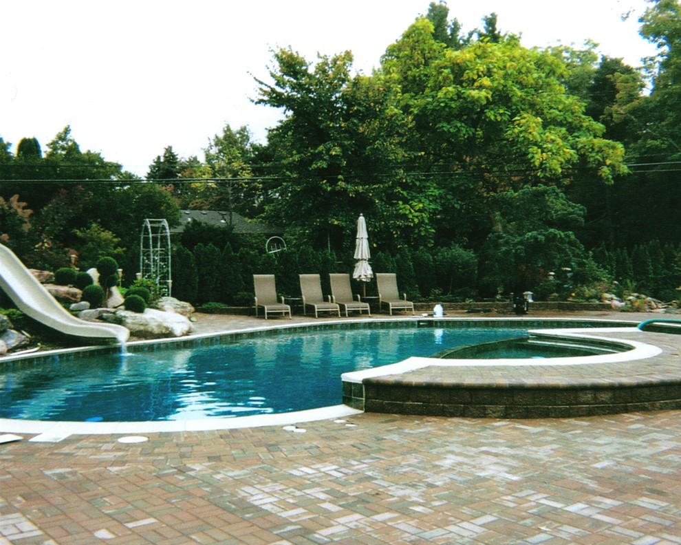 Example of a mid-sized transitional backyard concrete paver and custom-shaped water slide design in Detroit
