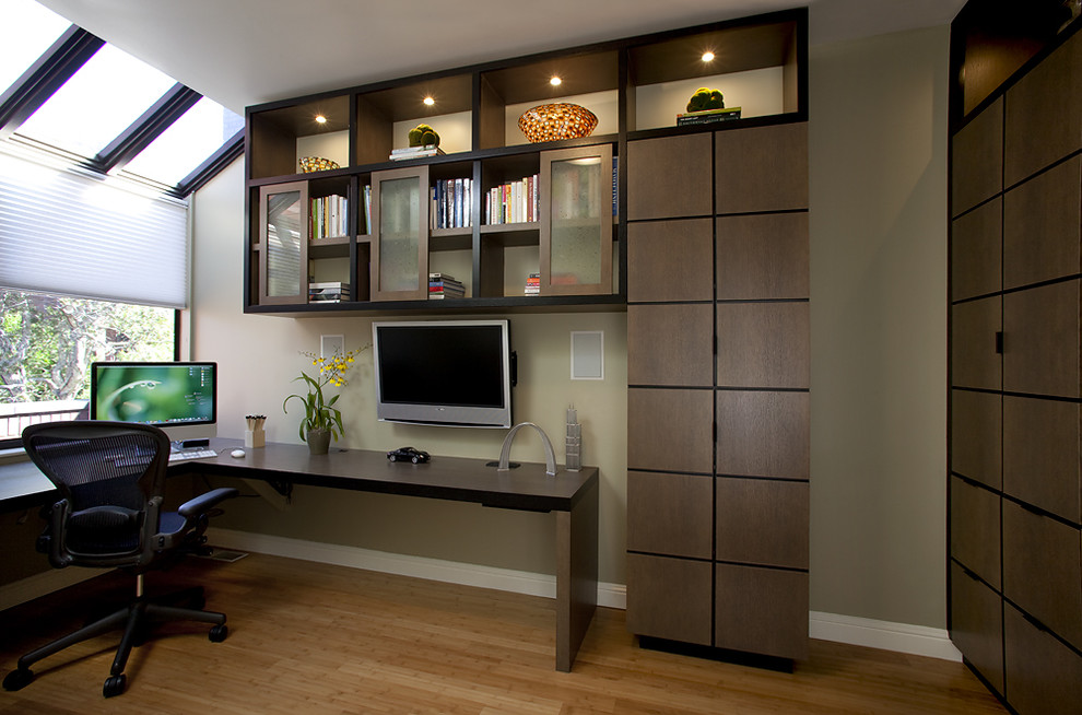 This is an example of a contemporary home office in Dallas with green walls, medium hardwood floors and a built-in desk.