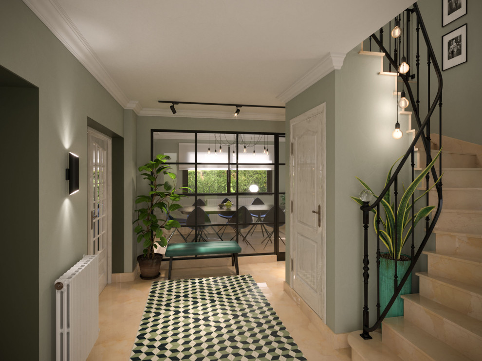 Design ideas for a mid-sized modern foyer in Paris with green walls, marble floors, a pivot front door, a white front door and beige floor.