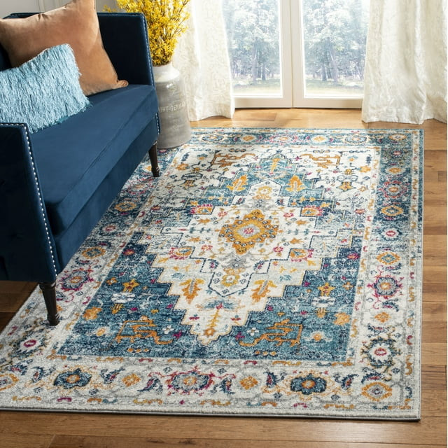 Turquoise Mediterranean Rug Transitional Floral Bordered Area Rug, Turquoise/Ivory Polypropylene ...
