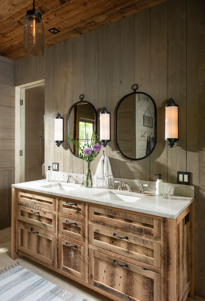 Country master bathroom in Other with shaker cabinets, distressed cabinets, brown walls, an undermount sink, beige floor and grey benchtops.