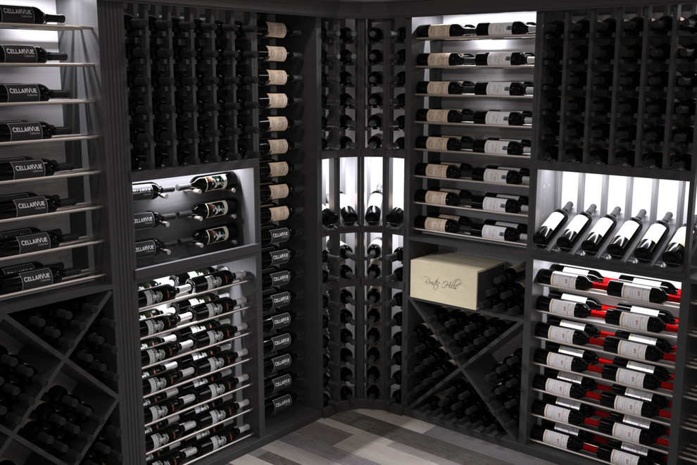 Design ideas for a large modern wine cellar in Salt Lake City with light hardwood floors and storage racks.