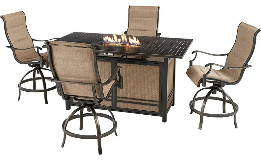 5 Pieces Patio Dining Set, Large Fire Pit Table and Swiveling Sling