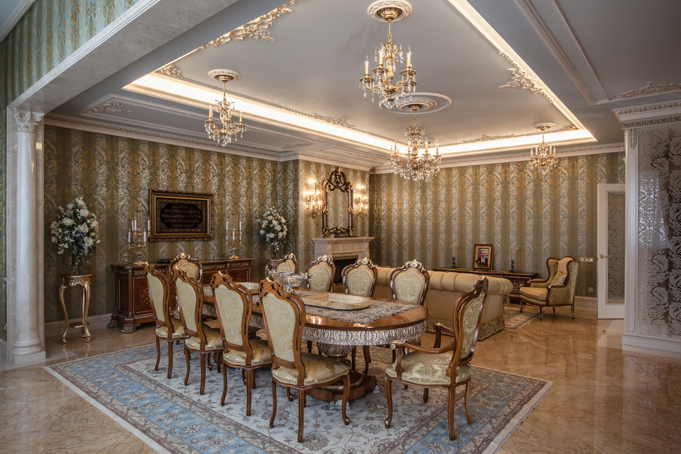 Traditional dining room in Moscow with a standard fireplace.