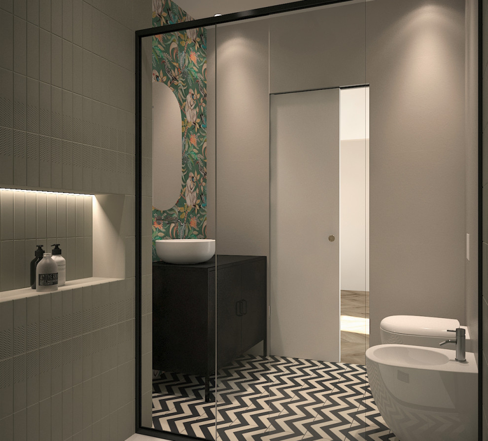 Inspiration for a small eclectic cloakroom in Milan with freestanding cabinets, black cabinets, a two-piece toilet, beige tiles, porcelain tiles, multi-coloured walls, porcelain flooring, a vessel sink, solid surface worktops, multi-coloured floors, black worktops and a freestanding vanity unit.