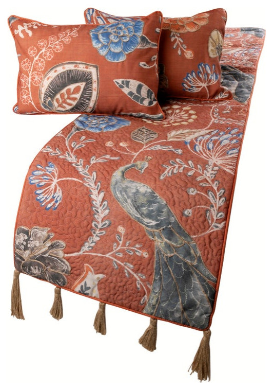 Orange Bed Runner, Linen Birds & Peacock & FloralPeacock Soiree, King