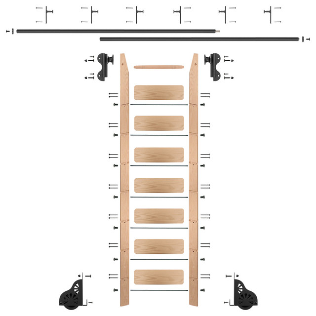 Rolling Hook Ladder Kit, Red Oak, Black, 12' Rail, Vertical Brackets