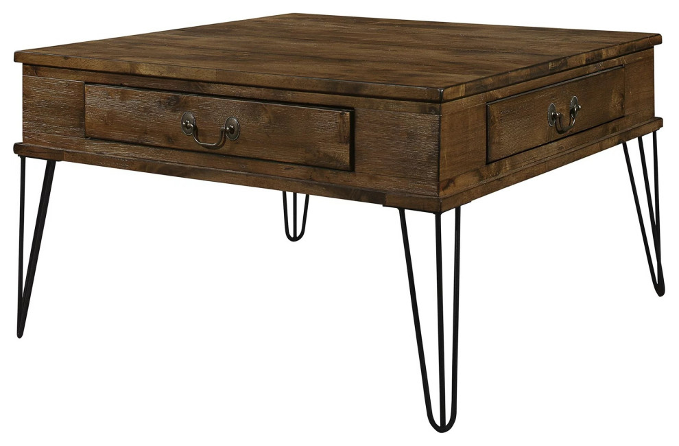 Square Coffee Table, Hairpin Legs and 2 Drawers With Curved Pulls, Rustic Oak Midcentury