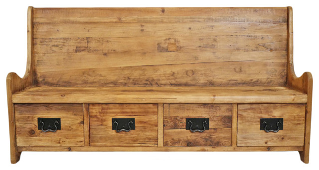 Salvaged Pine Hall Bench With Drawers, Rustic Wooden Benches With Storage