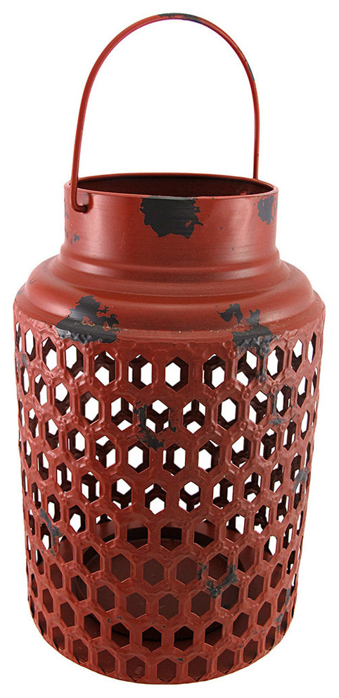 Round Red Metal Candle Lantern Distressed Finish 12 In.