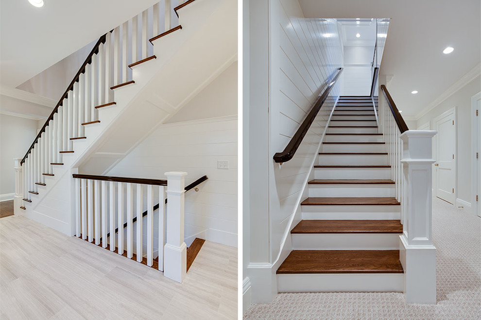 Inspiration for a large transitional wooden u-shaped wood railing staircase remodel with painted risers