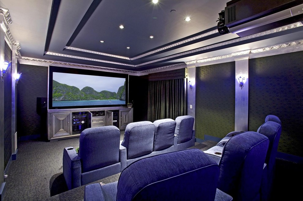 This is an example of a mid-sized modern enclosed home theatre in New York with black walls, carpet, a built-in media wall and grey floor.