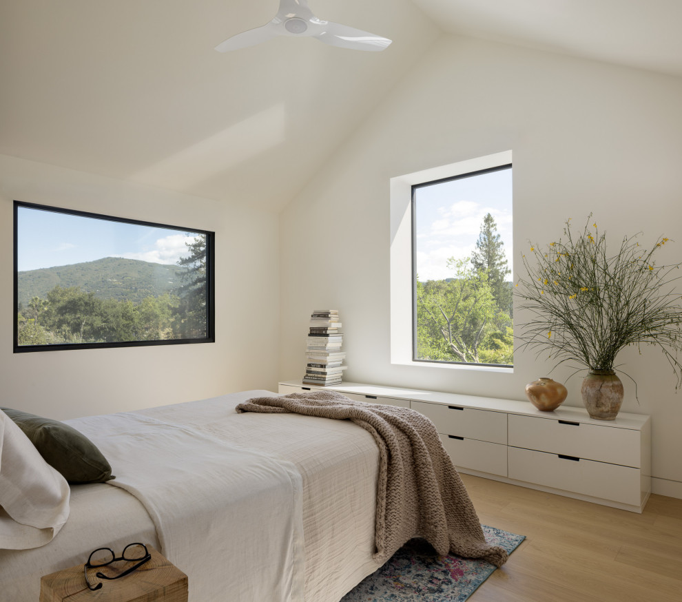 Minimalist light wood floor, beige floor and vaulted ceiling bedroom photo in San Francisco with white walls