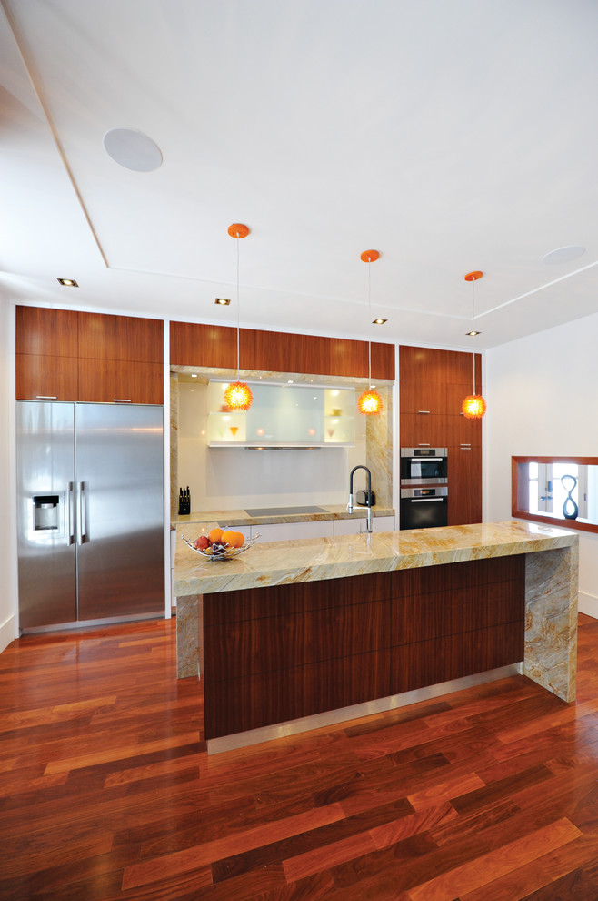 Example of a mid-sized transitional single-wall medium tone wood floor eat-in kitchen design in Toronto with a double-bowl sink, flat-panel cabinets, medium tone wood cabinets, granite countertops, multicolored backsplash, stone slab backsplash, stainless steel appliances and an island