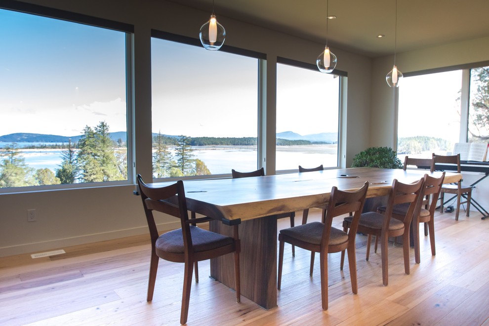 Design ideas for a large contemporary open plan dining in Vancouver with white walls, light hardwood floors, no fireplace and beige floor.