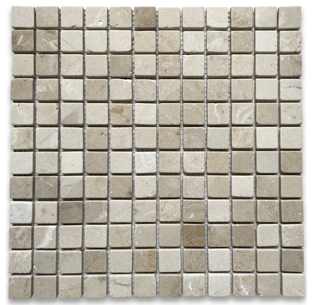 Non Slip Shower Floor Tumbled Crema Marfil Marble 1x1 Square Tile, 1 sheet
