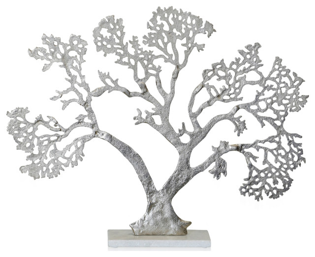 Asha Aluminum Metal Decorative Tree Figurine On White Marble Base Contemporary Decorative 1056