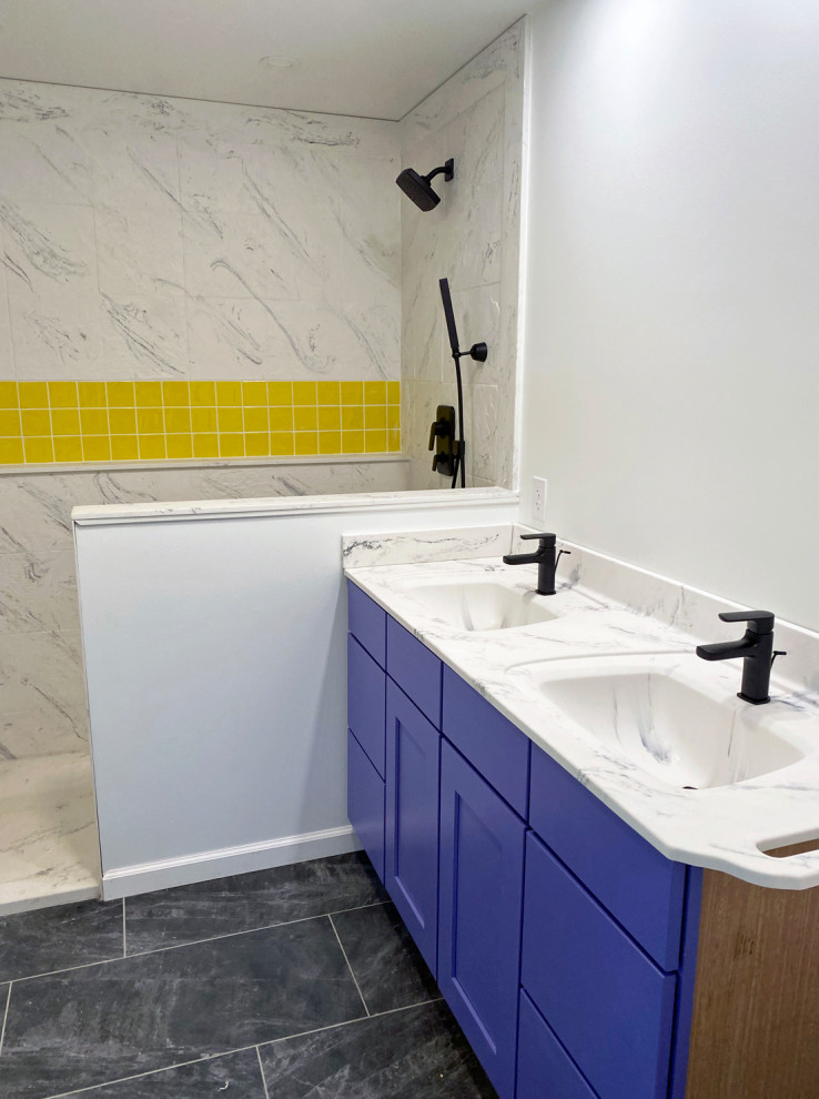 Inspiration for a mid-sized contemporary master bathroom in Philadelphia with flat-panel cabinets, purple cabinets, an open shower, yellow tile, white walls, a console sink, grey floor, an open shower, white benchtops, a shower seat, a double vanity and a built-in vanity.
