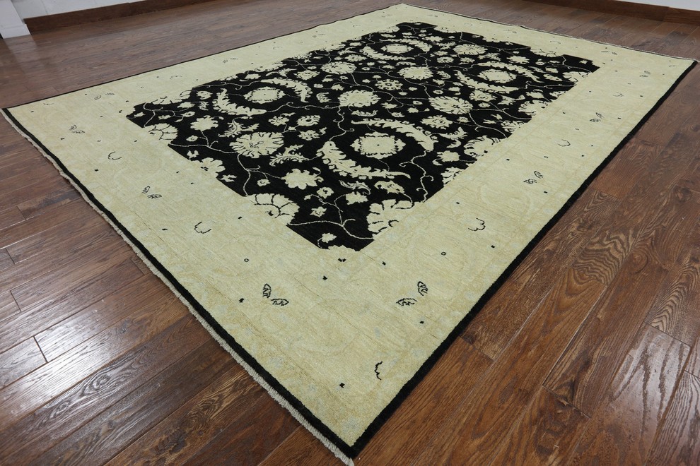 Oriental Chobi Peshawar Black Hand Knotted 9'x12' Rug, W2236, 9'0"x11