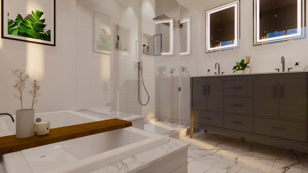 Design ideas for a mid-sized modern master bathroom in Los Angeles with open cabinets, white cabinets, a hot tub, a corner shower, a one-piece toilet, white tile, ceramic tile, white walls, ceramic floors, a vessel sink, tile benchtops, white floor, a hinged shower door, white benchtops, a shower seat, a double vanity and a built-in vanity.