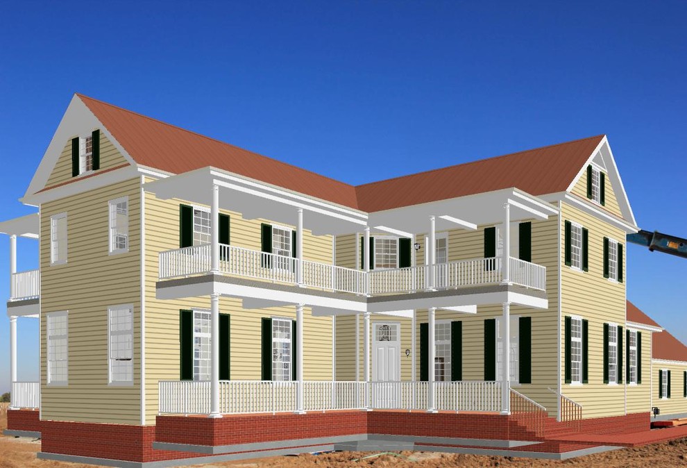 Idée de décoration pour une grande façade de maison jaune champêtre en panneau de béton fibré et bardage à clin à un étage avec un toit à deux pans, un toit en métal et un toit rouge.