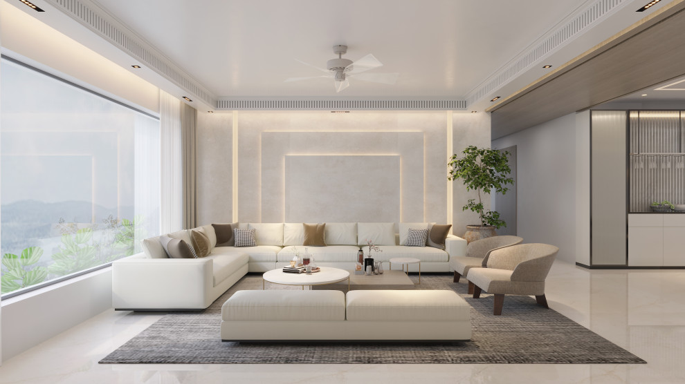 Foto di un grande soggiorno minimalista aperto con sala formale, pareti beige, pavimento in marmo, nessun camino, nessuna TV, pavimento beige, soffitto a cassettoni e pannellatura