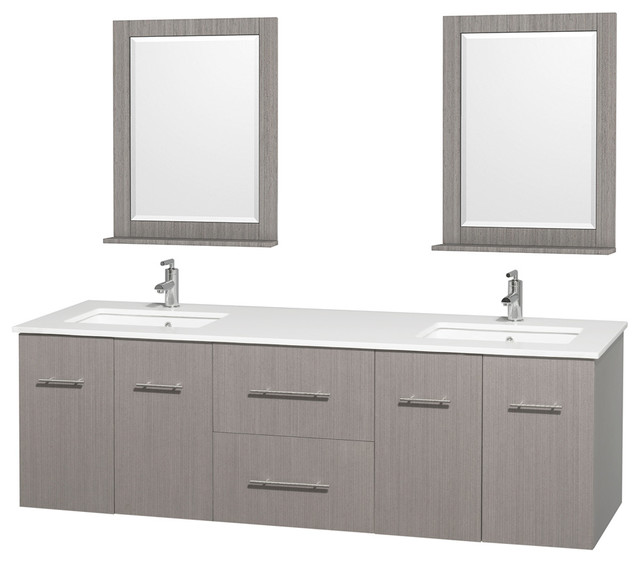 Centra 72" Gray Oak Double Vanity, White Man-Made Stone Top, Drop-In Square Sink