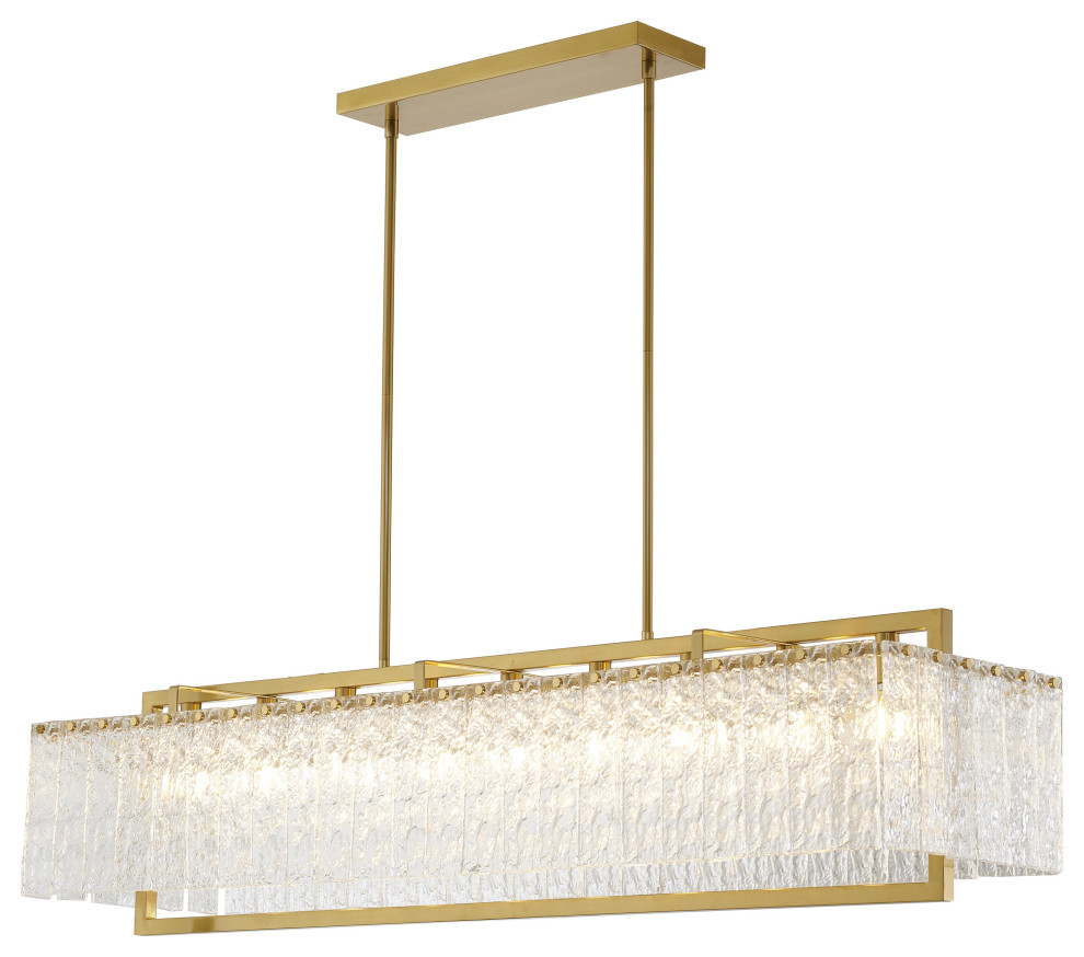 9-Light Brass Chandelier With Clear Rippled Glass