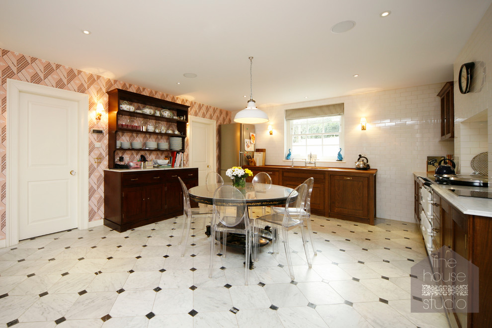 Design ideas for a large classic single-wall kitchen/diner in Gloucestershire with a submerged sink, shaker cabinets, dark wood cabinets, marble worktops, white appliances, marble flooring and no island.