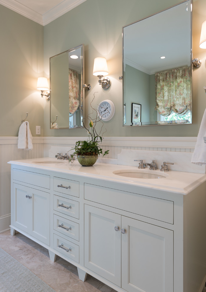 Design ideas for a large traditional master bathroom in Other with shaker cabinets, white cabinets, a two-piece toilet, green walls, travertine floors, an undermount sink, engineered quartz benchtops and beige floor.
