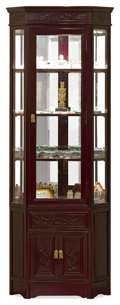 Dark Cherry Rosewood Flower and Bird Oriental Corner Display Cabinet
