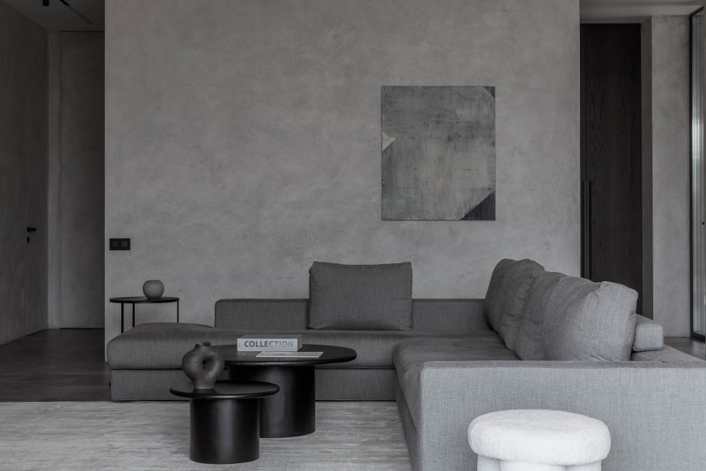 Ispirazione per un soggiorno design di medie dimensioni con pareti grigie e pavimento in gres porcellanato