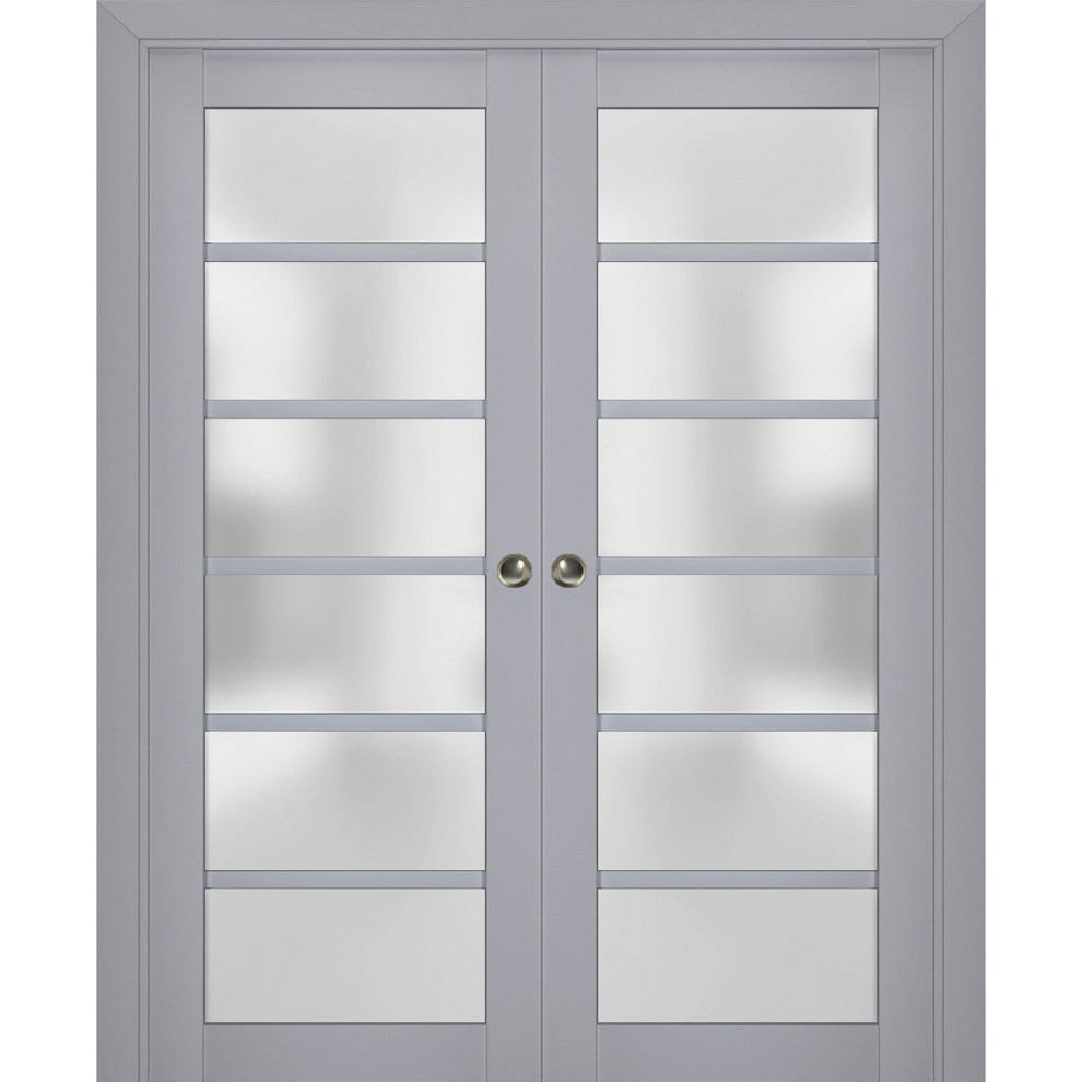 Sliding Pocket Doors, Veregio 7602 Grey & Frosted Glass, Rail, 64"x80" (2* 32x80) Transitional